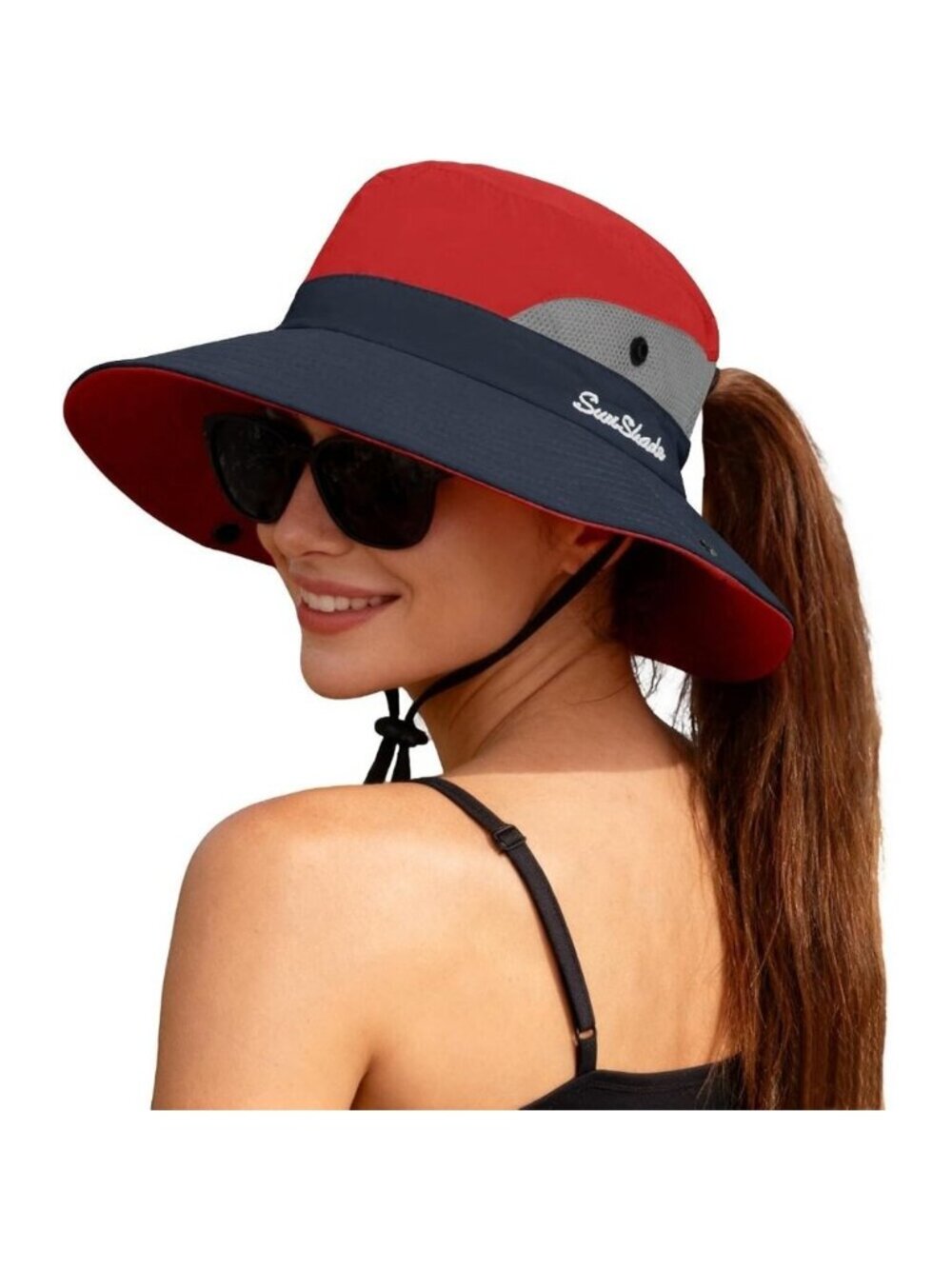 Women's Red 100% Polyester Wide Brim Mesh Uv Protection Chin Strap Cowboy Hat